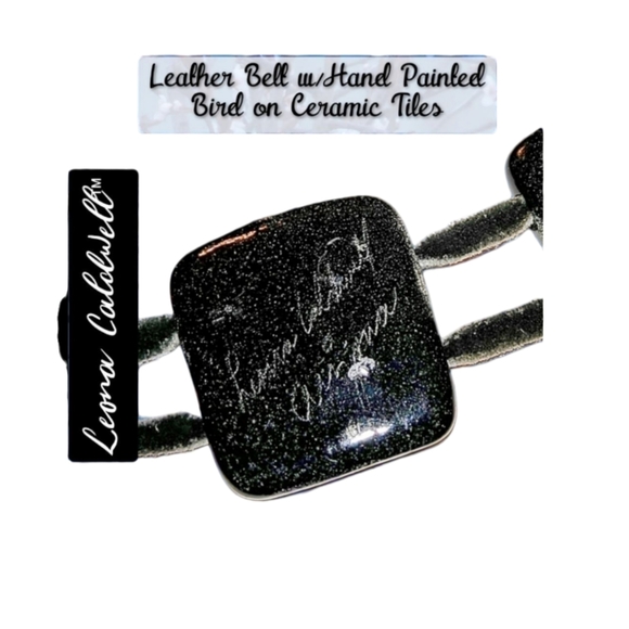 Leona Caldwell ~ Native American Leather Belt with Hand Painted Birds on Ceramic - Picture 3 of 5